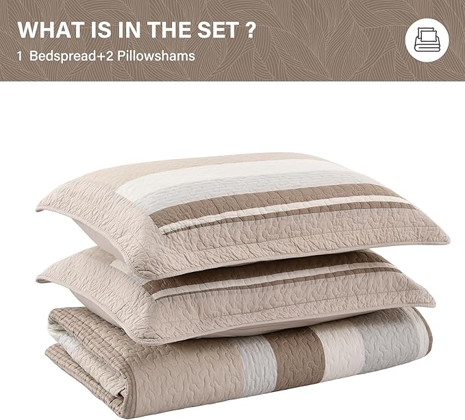 SahSahCasa 120"x120" 100% Cotton Oversized California King Bedspread Coverlet Striped Quilt Set, Cal King Quilted Bedspread Extra Large Quilt, XL Bed Spread Lightweight Comforter, Brown/Camel/Cream