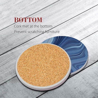 Britimes Coaster for Drinks Set of 6, Vintage Retro Colorful Blue Marble Absorbent Round Ceramic Stone Mat, with Cork Base and Metal Holder, Gift for Housewarming Room Bar Decor
