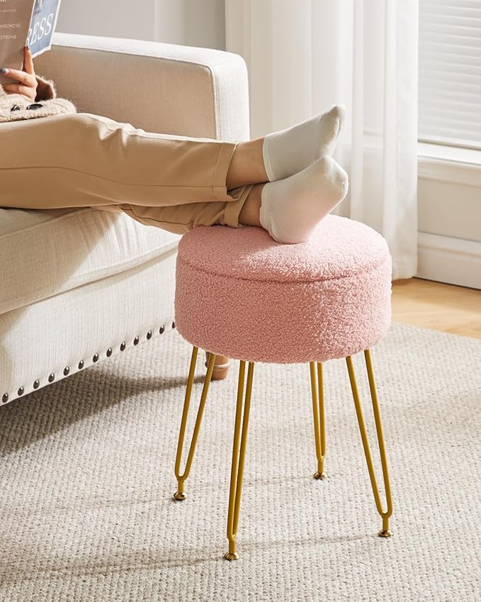 IBUYKE Teddy Velvet Storage Footrest Stool Ottoman, Makeup Vanity Stool Side Table with Removable Cover, Golden Steel Legs, Coffee Table Top Cover, Pink WBD010P