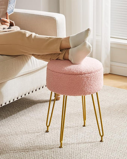 IBUYKE Teddy Velvet Storage Footrest Stool Ottoman, Makeup Vanity Stool Side Table with Removable Cover, Golden Steel Legs, Coffee Table Top Cover, Pink WBD010P