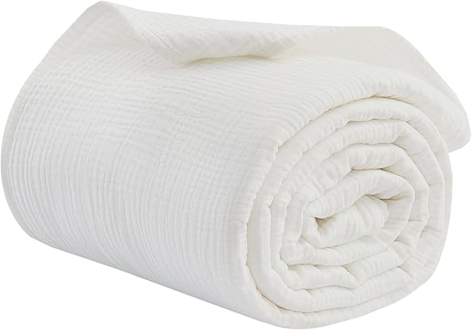 100% Cotton Muslin Queen Blanket (90" x 90") – A Luxuriously Soft, 4-Layer Lightweight and Breathable Gauze Blanket, Perfect for Year-Round use on beds, couches (White, Queen)
