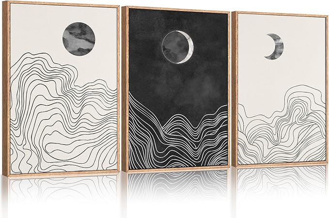 HLNIUC Black and White Abstract Wall Art Set of 3, Large Boho Framed Canvas Decor(24x36), Modern Celestial Sun Moon Painting, Geometric Line Mountain Art Print for Living Room, Bedroom, Office