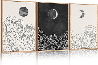 HLNIUC Black and White Abstract Wall Art Set of 3, Large Boho Framed Canvas Decor(16x24), Modern Celestial Sun Moon Painting, Geometric Line Mountain Art Print for Living Room, Bedroom, Office
