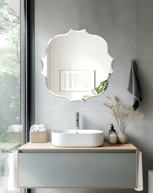 Frameless Scalloped Wall Mirror: Decorative Scallop Round Mirrored Glass Vanity with Beveled Silver Edge for Bathroom Bedroom Livingroom Dining Room Entryway Hallway, 24 x 24 inch
