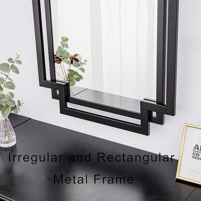 Black Decorative Mirror for Wall Decor, 24" x 36" Large Elegant Living Room Mirror with Irregular and Rectangular Metal Frame, Contemporary Bathroom Mirror Above Sink
