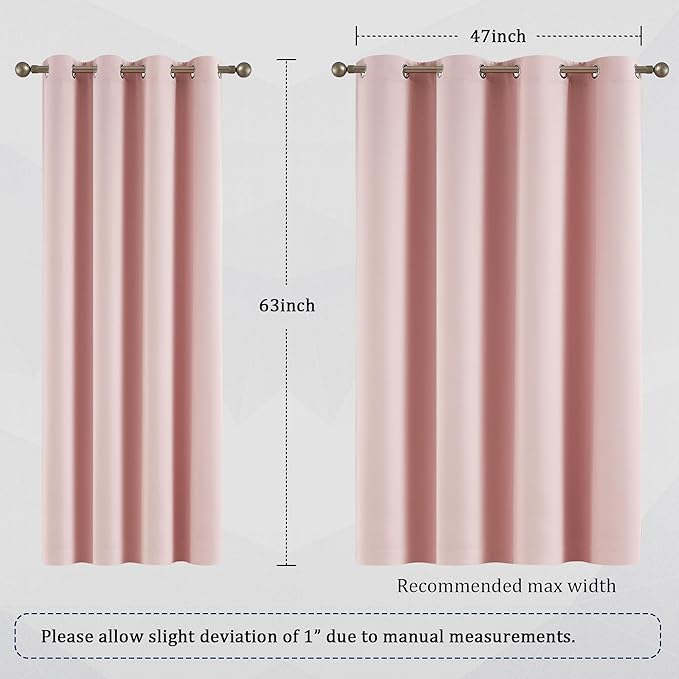 DUALIFE Baby Pink Blackout Curtains 63 Inch Length for Girls Room Heat Blocking Grommet Thermal Insulated Darkening Black Out Curtain for Nursery 52x63 Inches Long