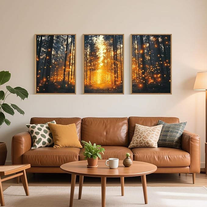 Magical Firefly Forest Framed Canvas Wall Art Set,Enchanted Night Nature Mystical Woodland Wall Decor,Whimsical Orange Twinkling Black Tree Art Print for Living Room, Bedroom, Office- 16"x24"x3