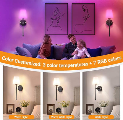 Battery Operated Wall Sconces Set Of 2, Wireless Battery Wall Light With 10000mAh RGB Rechargeable Magnetic Bulb, Rechargeable Wall Sconce With Remote Control For Bedroom, No Electrician Required