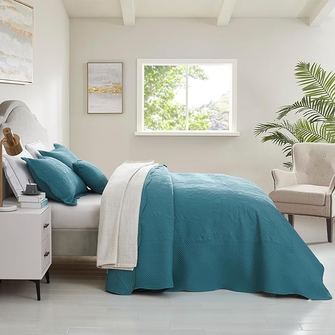 CHIXIN Bedspread Coverlet Quilt Set Full Size - Lightweight Bedding Cover - Ultrasonic Quilting - 5 Piece Reversible Bedspread - Vintage Rose Pattern (Full, Lagoon)