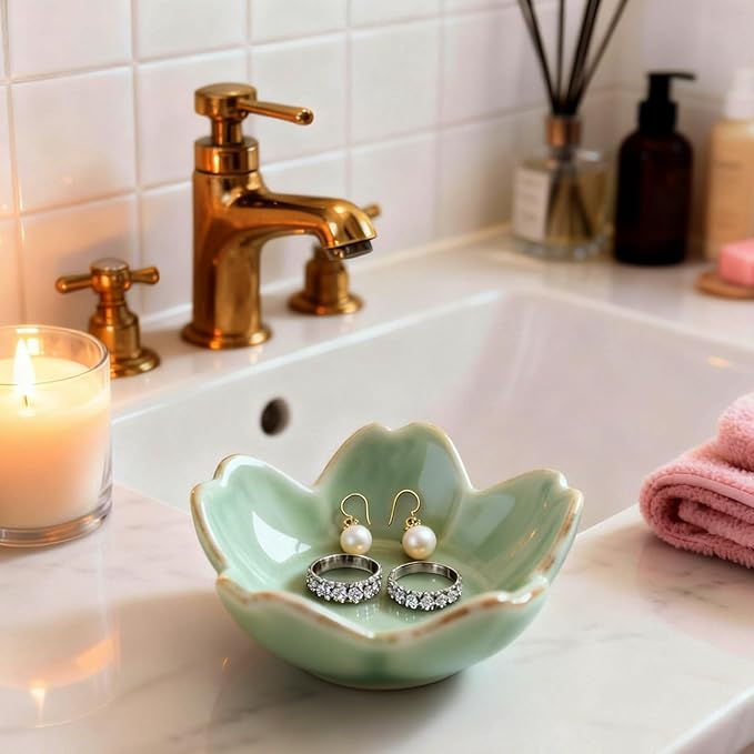Sage Green Flower Ring Dish Ceramic Jewelry Tray, Small Trinket Dish Ring Bowl Jewelry Holder Organizer for Vanity/Bathroom/Nightstand, Birthday/Xmas/Engagement Gift for Women/Best Friends/Bride