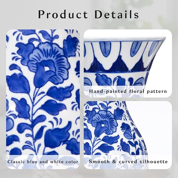 Blue and White Flower Vase, 11 Inch Tall Ceramic Vase in Wide Mouth Floral Pattern, Large Retro Chinoiserie Vase Decor Side Table Centerpiece Living Room Bookshelf, Antique Grand Millennial Decor