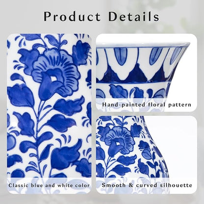 Blue and White Flower Vase, 11 Inch Tall Ceramic Vase in Wide Mouth Floral Pattern, Large Retro Chinoiserie Vase Decor Side Table Centerpiece Living Room Bookshelf, Antique Grand Millennial Decor