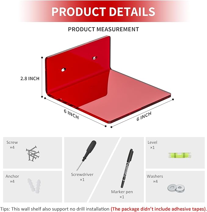 Sezanrpt 6 Inches Acrylic Small Wall Shelves, Red Floating Shelf for Wall Mounting, Acrylic Display Ledges for Funko Pop Figures, Home Décor, Living Room, Gaming Room, Plants, 2 Pack