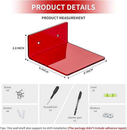 Sezanrpt 6 Inches Acrylic Small Wall Shelves, Red Floating Shelf for Wall Mounting, Acrylic Display Ledges for Funko Pop Figures, Home Décor, Living Room, Gaming Room, Plants, 2 Pack