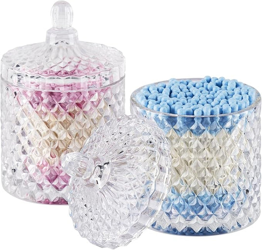 2 Pack Qtip Holder Cotton Round Ball Holder Set, Apothecary Jars Glass Bathroom Storage jars with Lids for Bathroom Decor, Qtip Dispenser for Cotton Swab,Cutip