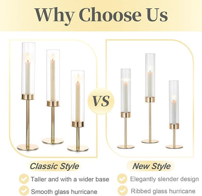 Hewory Gold Candle Holders, 3Pcs Hurricane Candlestick Holders with Glass Candle Cover for Wedding Table Centerpiece Christmas Decor