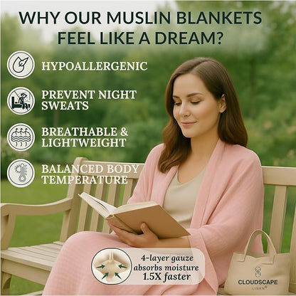 Luxury 100% Cotton Muslin Throw Blanket, 4 Layer Extra Large 50x70in, Perfect for Couch, Sofa, Home Decor, Soft Gauze Travel Blanket, Winter Cozy Throw, All Season Seashell Pink