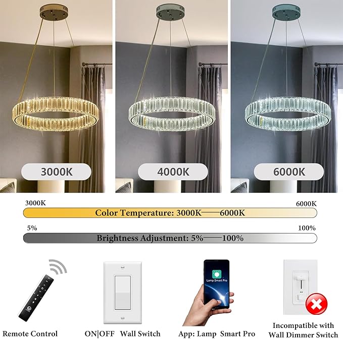 Modern Crystal Chandelier LED Dimmable Pendant Light with Remote 24" Round Ring Crystal Chandeliers for Living Room Dining Room Bedroom
