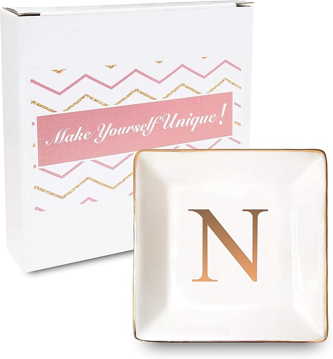 ANOTION Jewelry Tray Ring Dish with Ini-tial Gift- Personalized Trinket Dish and Jewelry Dish with Gold Initials Key Bowl Ceramic Holder, Unique Wedding or Engagement Present