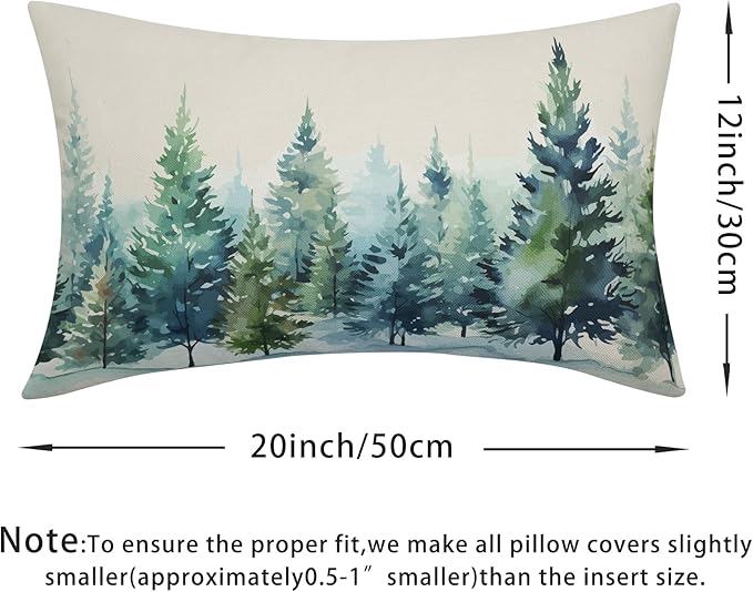 Watercolor Christmas Tree Lumbar Pillow Covers 12x20 Set of 2 Blue Green Xmas Print Vintage Decorative Outdoor Throw Pillow Cases Winter Holiday Decoration Farmhouse Sofa Couch Cushion Cover Bed Decor