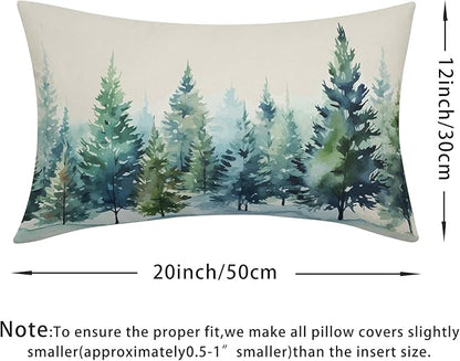 Watercolor Christmas Tree Lumbar Pillow Covers 12x20 Set of 2 Blue Green Xmas Print Vintage Decorative Outdoor Throw Pillow Cases Winter Holiday Decoration Farmhouse Sofa Couch Cushion Cover Bed Decor