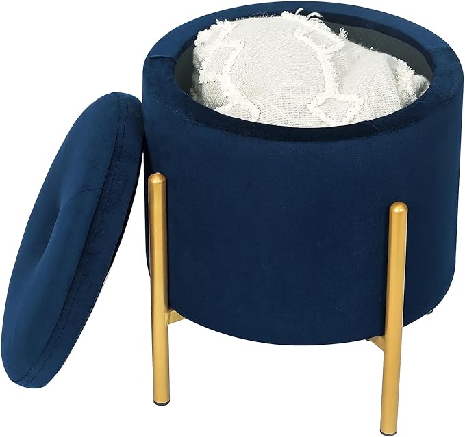 Adeco Upholstered Tufted Round Storage Ottomans, Navy Modern Velvet Footstool with Storage Space and Gold Metal Legs for Couch, Living Room, Bedroom, Entryway