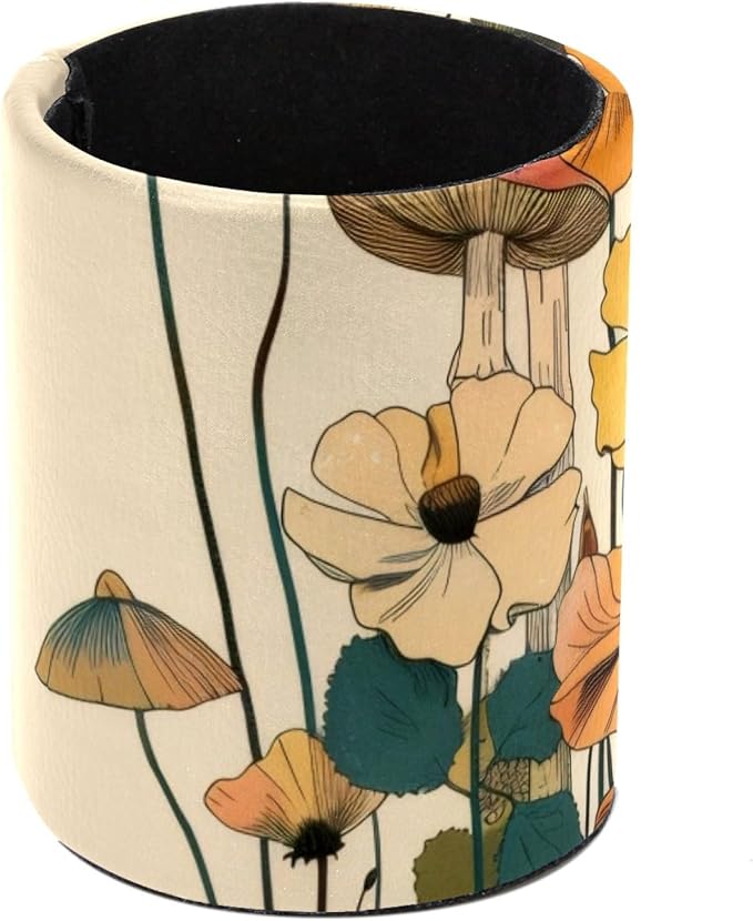 Pen Cup Holder for Desk, Large Pencil Holder, Aesthetic Mushroom Vintage Beige Colorful Flowers Desk Stationery Storage Organizer Makeup Brush Holder for Home Office School