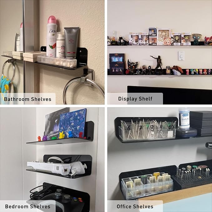 OAPRIRE Black Acrylic Floating Shelves Set of 2 - Damage Free Expand Wall Space - 12 Inch Wall Shelves with Strong Adhesive for Bathroom, Bedroom, etc