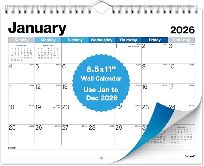 Dunwell 8.5x11" Wall Calendar 2026, Use January to December 2026, Use Hanging on Wall or Use as 8.5 x 11 Office Desk Calendar