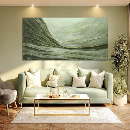 MLART99 Oversized Green and Gold Abstract Wall Art 29x58 Inch Modern Canvas Painting Minimalist Large Artwork for Living Room Bedroom Office Above Sofa Home Decoration