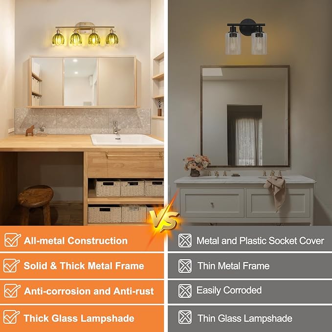 Bathroom Light Fixtures, 4-Light Brass Vanity Wall Light Over Mirror with Green Tulip Glass Shade for Bedroom Living Room (Bulb Not Included)