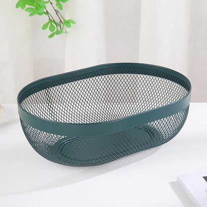 Metal Mesh Steel Basket, Oval Metal Wire Storage Organizer Baskets Multi Functional Kitchen Baskets Countertop Fruit Baskets Garden Harvest Basket for Picnic Decor Cabinet Home, Blackish Green