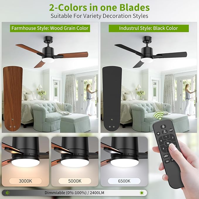 Ceiling Fans with Lights, 42 Inch Low Profile Ceiling Fan with Light and Remote Control,10 Min Quick Installation,Reversible,3CCT Dimmable,Quiet,Black Small Ceiling Fan for Bedroom Indoor/Outdoor