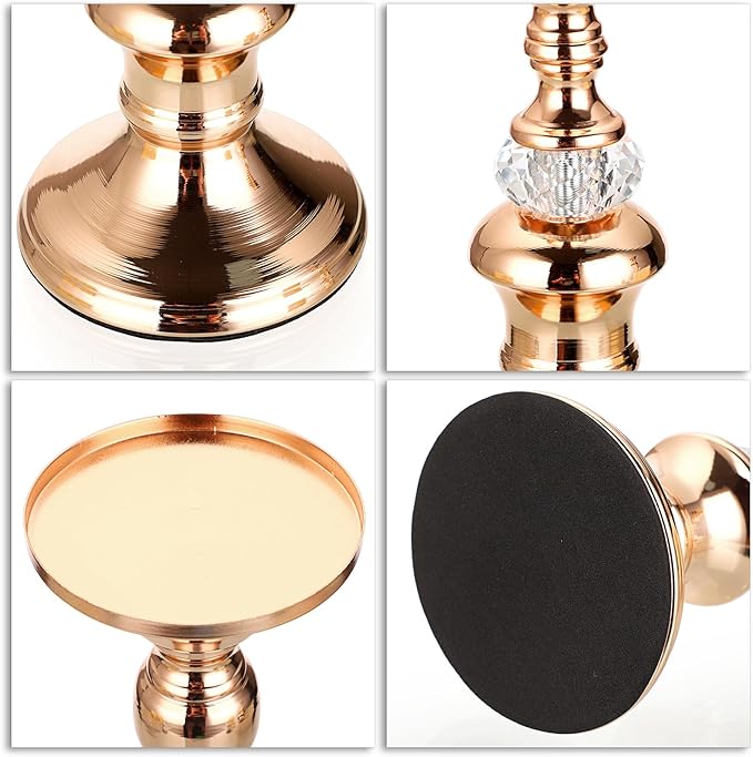 OwnMy Set of 3 Rose Gold Metal Pillar Candlestick Holders Brass Pillar Candle Holders for 3 Inch Candles, Elegant Metal Crystal Candle Stands for Dining Table, 6.7"+8.3"+9.3" Height Set