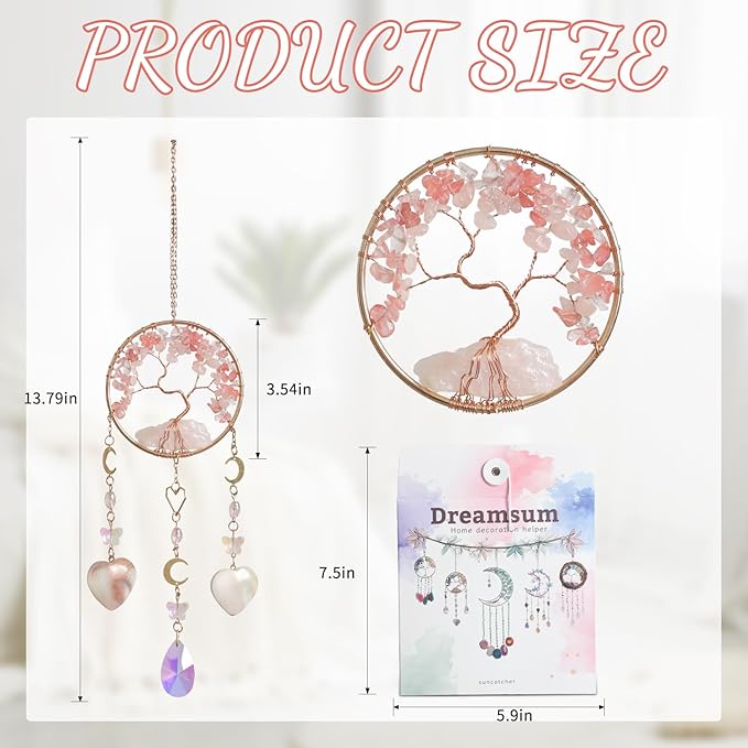 Tree of Life Crystal Suncatchers for Window Hanging Wind Chime Style Garden Sun Catchers with Natural Pink Stone Crystals Rainbow Maker Indoor Outdoor Decor Handmade Gold Plated Suncatcher
