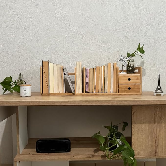 ECOHOME Desktop Bookshelf Expandable with Two Drawer Organizers Made of Bamboo, Collapsible Design & Compartments for Efficient, Clutter-Free Workspace Organization - Sleek Bookshelf
