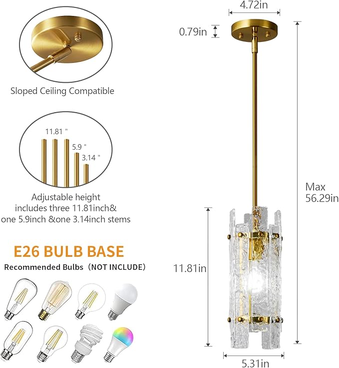Gold Crystal Pendant Lighting Modern Mini Glass Chandeliers, Adjustable Pendant Light Fixture for Bedroom Dining Room Living Room Kitchen Island Corridor(2 Pack)