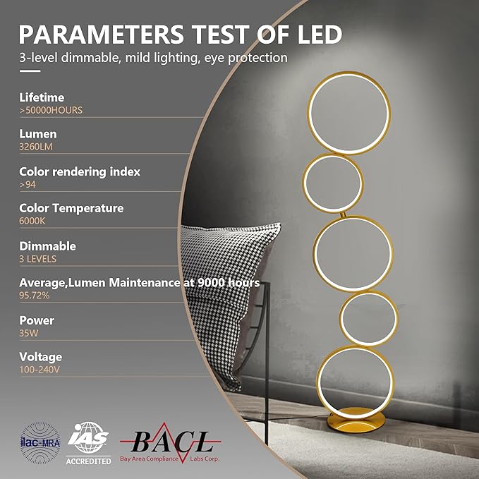 COSYLUX LED Modern Floor Lamp for Bedroom, 3 Way Bright Dimmable Corner Floor lamp with 5-Ring 2-in-1 Standing Tall End Table Lamp for Living Room & Office Reading Light, 3260LM, 6000K, Gold.