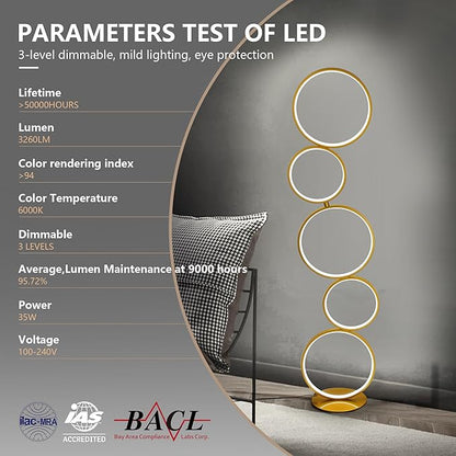 COSYLUX LED Modern Floor Lamp for Bedroom, 3 Way Bright Dimmable Corner Floor lamp with 5-Ring 2-in-1 Standing Tall End Table Lamp for Living Room & Office Reading Light, 3260LM, 6000K, Gold.