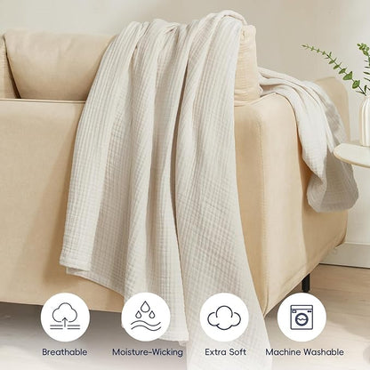 PHF 100% Cotton Muslin Throw XL Blanket Large 50" x 70", 4-Layer Lightweight Gauze Throw, Breathable Cloud-Soft Minimalist Blanket for Bed, Couch, Camping & Baby, Oat Milk, Ideal Gift