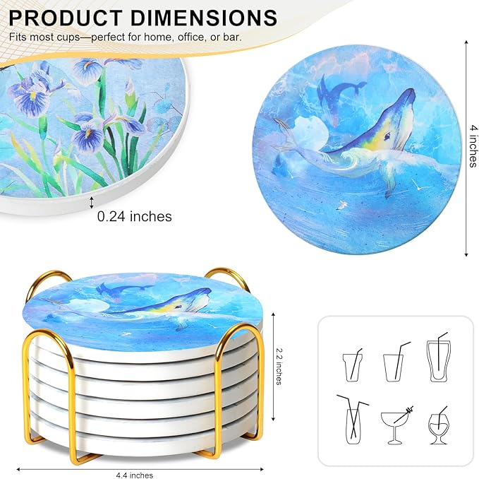 Ceramic Coasters Set of 6 with Holder, Whimsical Nature Style, Absorbent Drink Coaster Set for Home Decor, Cups, Mugs and Glasses