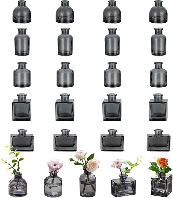 Glasseam Mini Bud Vases for Centerpieces: Clear Small Flower Vase Set of 20 Cute Tiny Glass Table Centerpieces Modern Wedding Birthday Party Baby Shower Dining Room Decoration Black Grey