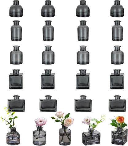 Glasseam Mini Bud Vases for Centerpieces: Clear Small Flower Vase Set of 20 Cute Tiny Glass Table Centerpieces Modern Wedding Birthday Party Baby Shower Dining Room Decoration Black Grey