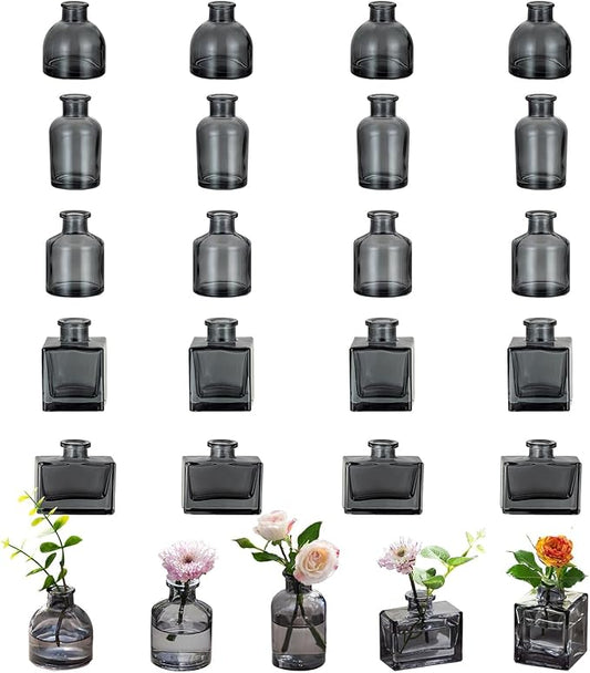 Glasseam Mini Bud Vases for Centerpieces: Clear Small Flower Vase Set of 20 Cute Tiny Glass Table Centerpieces Modern Wedding Birthday Party Baby Shower Dining Room Decoration Black Grey