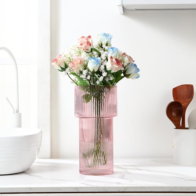 Large Pink Glass Vase, 12 Inches Tall Fluted Vase for Flowers, Modern Torch-Shaped Flower Vase with Ribbed Texture for Living Room, Dining Table, Office, Entryway, Mantle, Shelf, Wedding Gifts