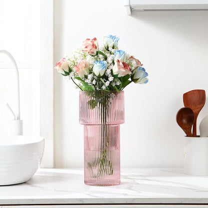 Large Pink Glass Vase, 12 Inches Tall Fluted Vase for Flowers, Modern Torch-Shaped Flower Vase with Ribbed Texture for Living Room, Dining Table, Office, Entryway, Mantle, Shelf, Wedding Gifts