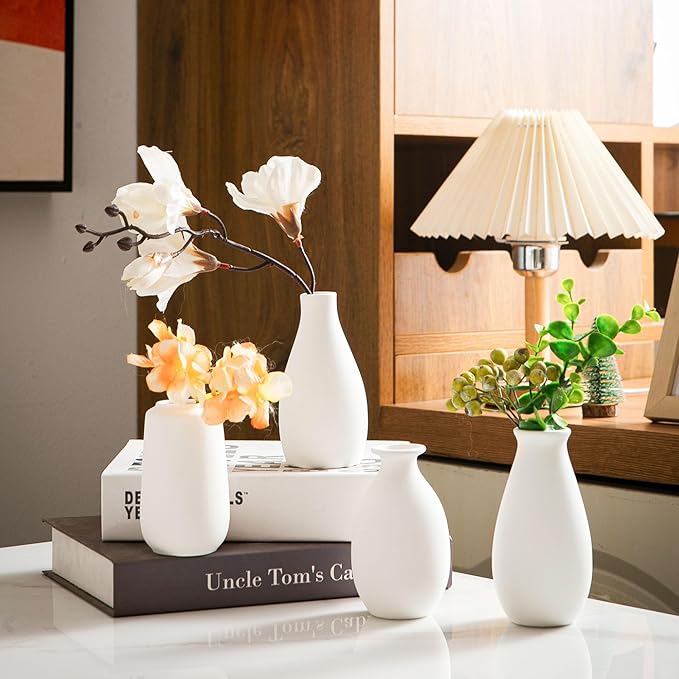 White Bud Vases, Ceramic Small Vase Set of 12, Mini Vases for Fresh and Dried Flowers, Modern Home Decor, Pottery Table Centerpiece