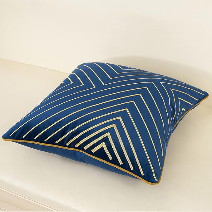 Avigers 20 x 20 Inch Navy Blue Gold Striped Geometric Lines Embroidery Velvet Cushion Case Luxury Modern Throw Pillow Cover Decorative Pillow for Couch Living Room Bedroom Car 50 x 50cm