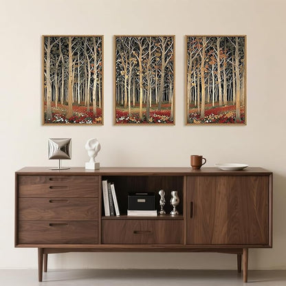 Large Modern Autumn Birch Trees Framed Canvas Wall Art,Boho Aspen Trees Wall Decor,Mid Century Fall Forest Artwork,Natural Midnight Wilderness Art Print for Living Room,Bedroom,Office-24"x36"x3