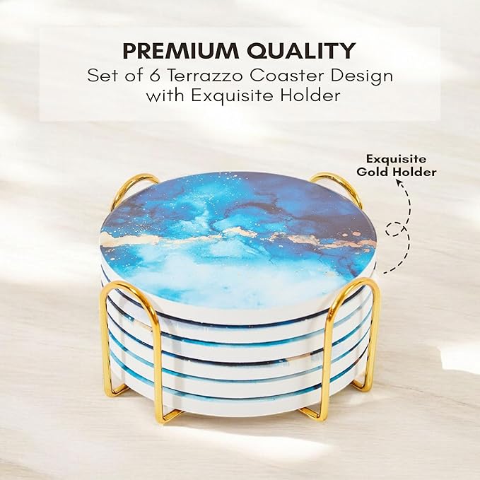 Absorbent Coaster Set of 6 with Holder, Drink Coasters for Coffee Table, Kitchen, Home Decor, Cute Ceramic Round Coasters, Alternative to Silicone, Cork or Glass Coaster (Sapphire)